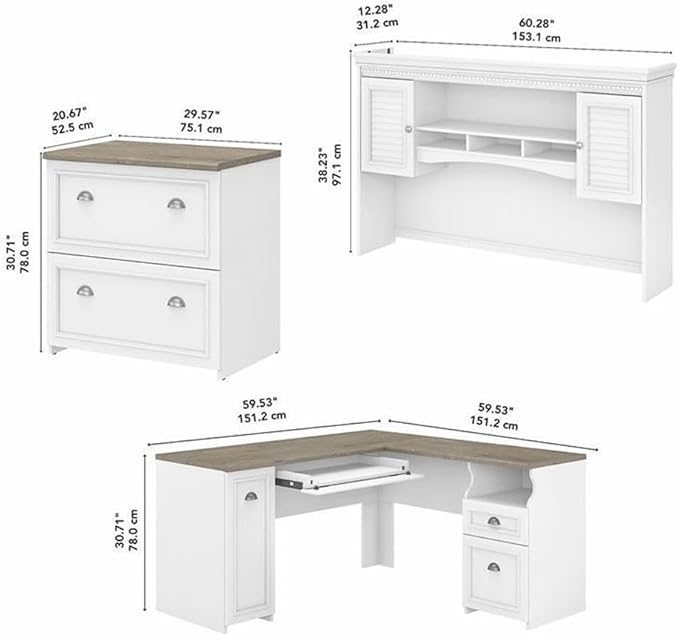 Pemberly Row 60W L Desk with Hutch and File Cabinet, Engineered Wood, White and Gray Finish, Farmhouse Style Office Furniture for Home Workspace, Ample Storage with Shelves and Drawers