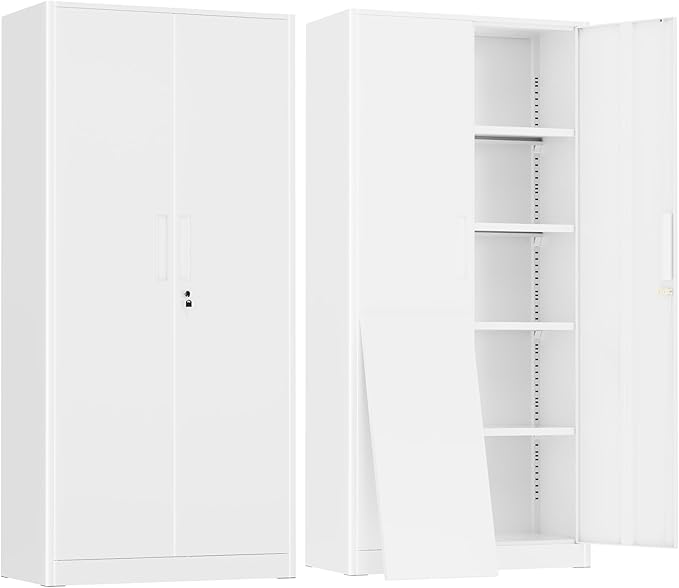 Greenvelly Metal Storage Cabinet with 2 Doors and 4 Adjustable Shelves, 72" White Metal Cabinet with Locking Feature and 2 Keys for Office, Home, Garage, Gym, School