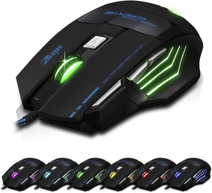 zelotes Wired Gaming Mouse with Fire Button,7200 DPI,7 Buttons,Ergonomic Design,LED Illumination,Corded Optical Mouse Mice for Laptop,PC,Mac,Black
