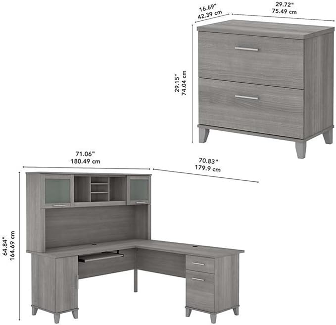 Bush Furniture Somerset 72W L Shaped Desk with Hutch and Lateral File Cabinet in Platinum Gray