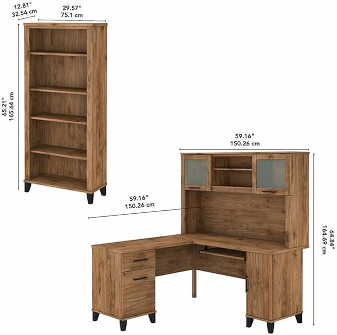 Pemberly Row 60W L Shaped Desk with Hutch and Bookcase, Engineered Wood, Fresh Walnut Finish, Wire Management, Frosted Glass Doors, Adjustable Shelves, Home Office Furniture Set