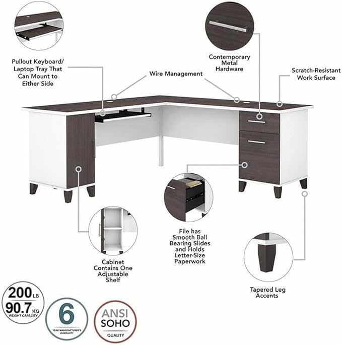 Pemberly Row 72W L Desk with Hutch, Storage, Lateral File Cabinet & Bookcase Set, Engineered Wood, White/Gray Finish, Modern Office Furniture for Home or Small Workspace, ANSI/SOHO Certified