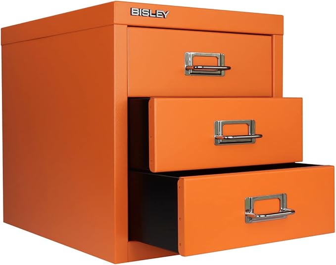 3-Drawer Steel MultiDrawer Cabinet - Bisley Orange, Chrome Pull Handles with Label Holders, Powder-Coated Steel, Removable Drawers, Desktop Storage, Labels Included by Bisley