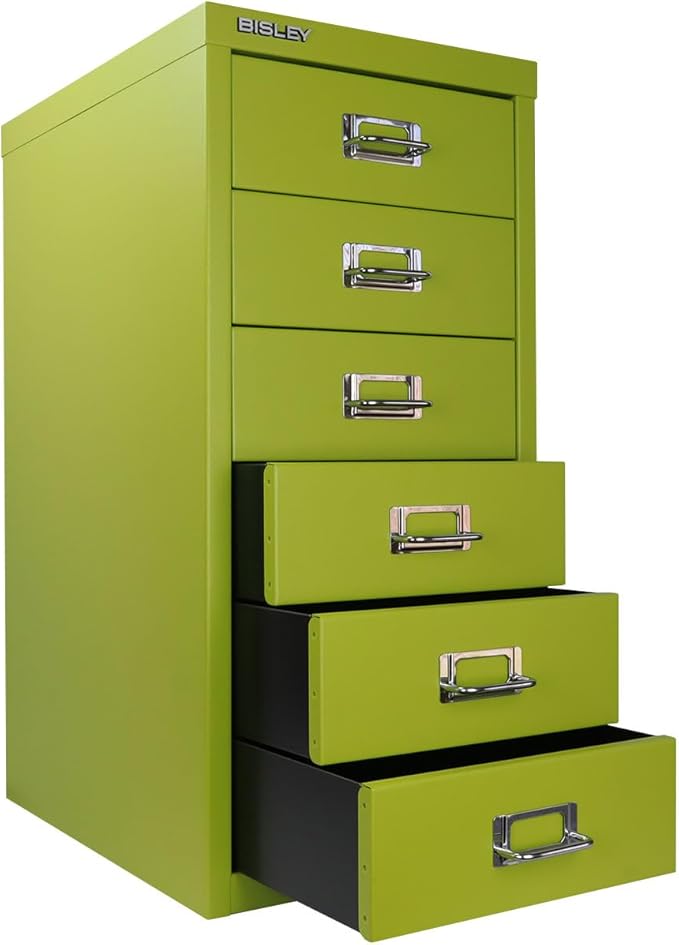 6-Drawer Steel MultiDrawer Cabinet - Bisley Green, Chrome Pull Handles with Label Holders, Powder-Coated Steel, Removable Drawers, Fits Under Most Desks, Labels Included by Bisley