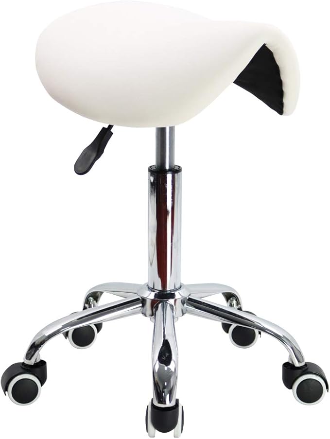 KKTONER Rolling Saddle Stool PU Leather Swivel Adjustable Rolling Stool with Wheels Salon Chair White
