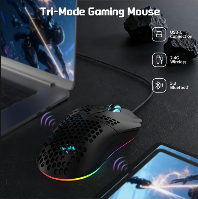 FREEWOLF X HXSJ T66 Wireless Gaming Mouse Tri-Mode Superlight Honeycomb Design PAW3212 3600DPI Sensor 1000Hz Polling Rate Bluetooth/2.4Ghz/Wired Ergonomic PC Mice RGB Light Programmable Buttons-Black