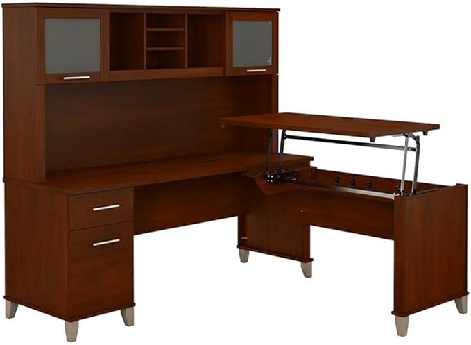 Pemberly Row 72W Sit to Stand L Shaped Desk with Hutch, Hansen Cherry Finish, Adjustable Heights, Frosted Glass Doors, Includes File Drawer and Shelving, Ergonomic Office Desk for Home or Workplace