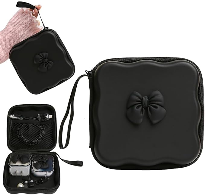 Charger Cover Storage Bag, Cute 3D Bow Tie Waves Design Charger Protector Travel Storage Case, Earphone Wire Saver Cable Cord Organizer Wireless Earphone Storage Box, Black Bow