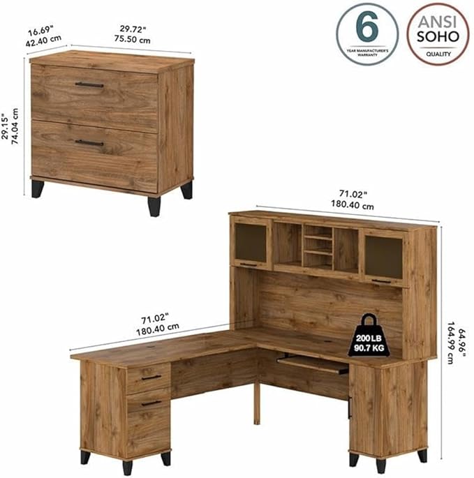 Pemberly Row 72W L Shaped Desk with Hutch and File Cabinet, Engineered Wood, Fresh Walnut Finish, Spacious Home Office Furniture Set with Storage for Files and Supplies