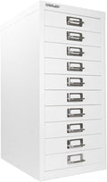 Bisley 10-Drawer Steel MultiDrawer Cabinet - Traffic White, Chrome Pull Handles with Label Holders, Powder-Coated Steel, Removable Drawers, Fits Under Most Desks, Labels Included