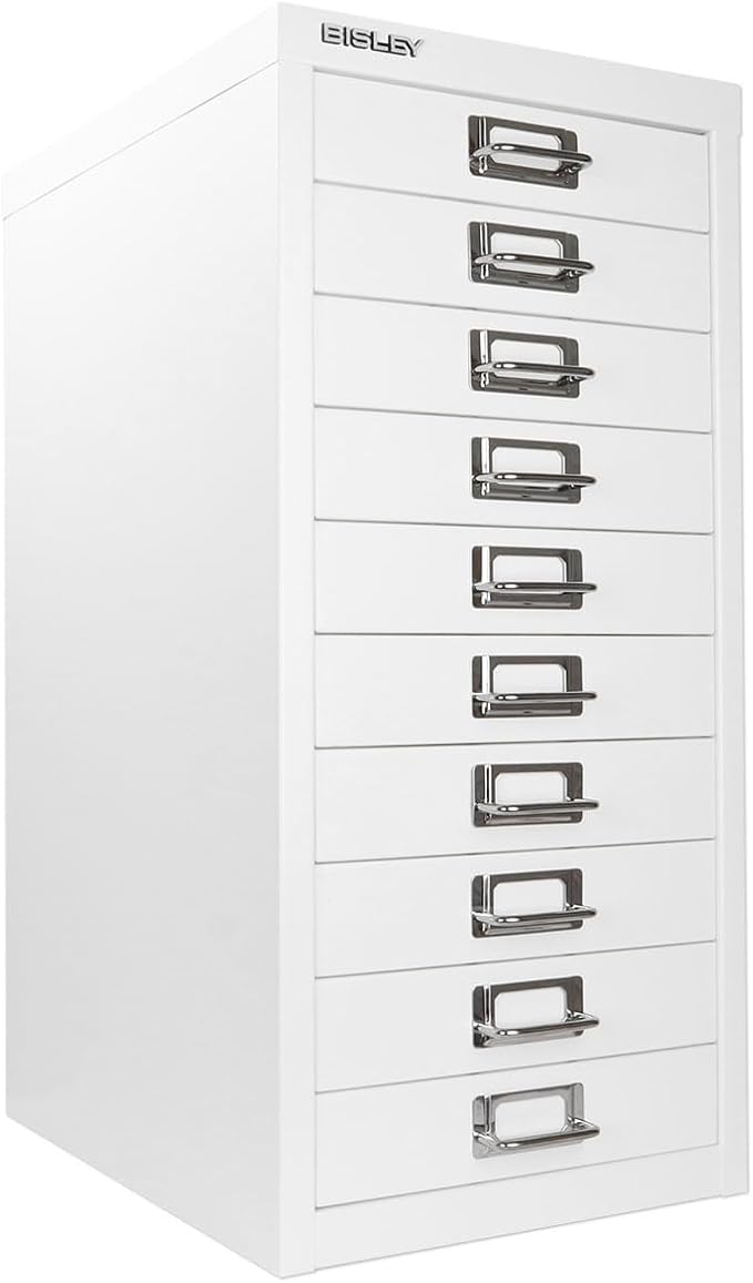 Bisley 10-Drawer Steel MultiDrawer Cabinet - Traffic White, Chrome Pull Handles with Label Holders, Powder-Coated Steel, Removable Drawers, Fits Under Most Desks, Labels Included