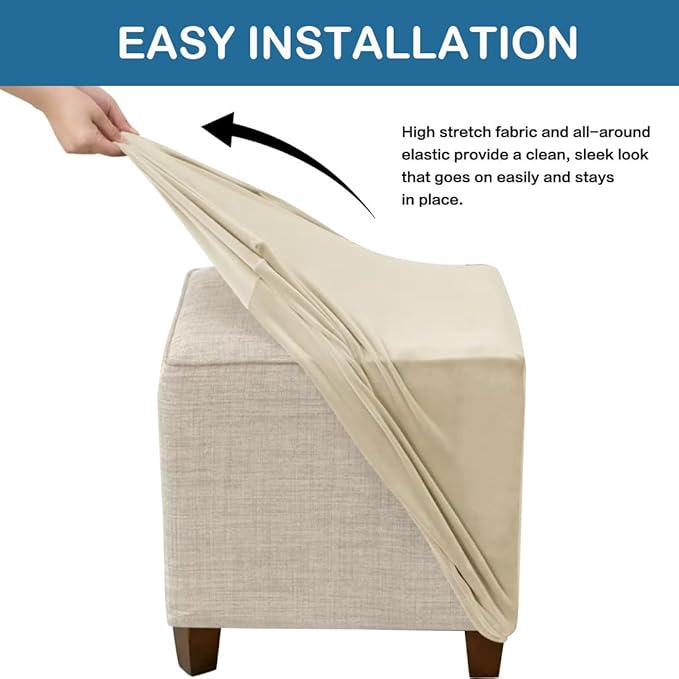 Ottoman Cover Square Velvet Ottoman Covers Protector for Footrest Foot Stool Furniture Stretch Comfortable with Elastic Bottom Medium Beige
