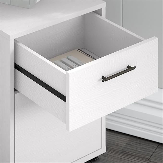 Bush Home Key West 60W L Shaped Desk with 2 Drawer Mobile File Cabinet in Pure White Oak
