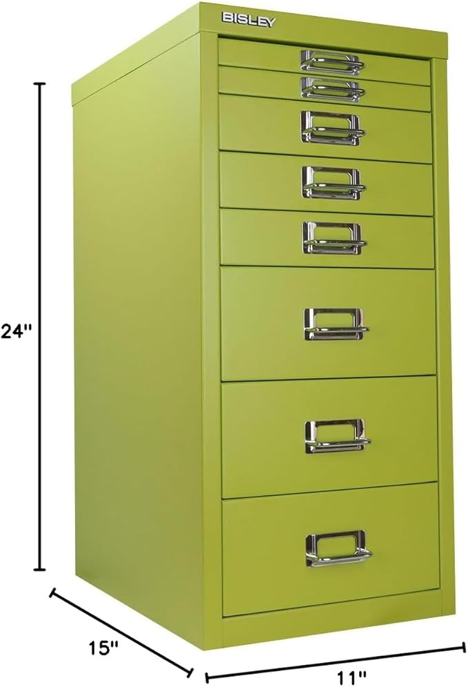 8-Drawer Steel MultiDrawer Cabinet - Bisley Green, Chrome Pull Handles with Label Holders, Powder-Coated Steel, Removable Drawers, Fits Under Most Desks, Labels Included by Bisley