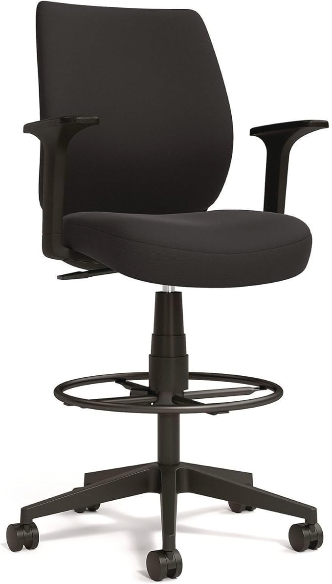 Alera Wessex Drafting Stool, Drafting Chair, Adjustable Seat Height, Foot Rest Ring, Removable Arms, Supports Up to 275 lb, Black