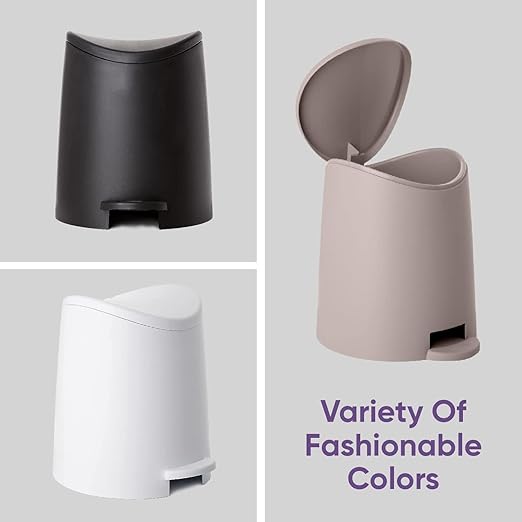 Superio Small Plastic Bathroom Trash Can with Lid 3 Liter Modern Curved Step On Trash Can with Foot Pedal, Mini Kitchen Waste Bin, Durable and Soft Close for Bedroom, Office, Under Desk (Grey-2 Pack)