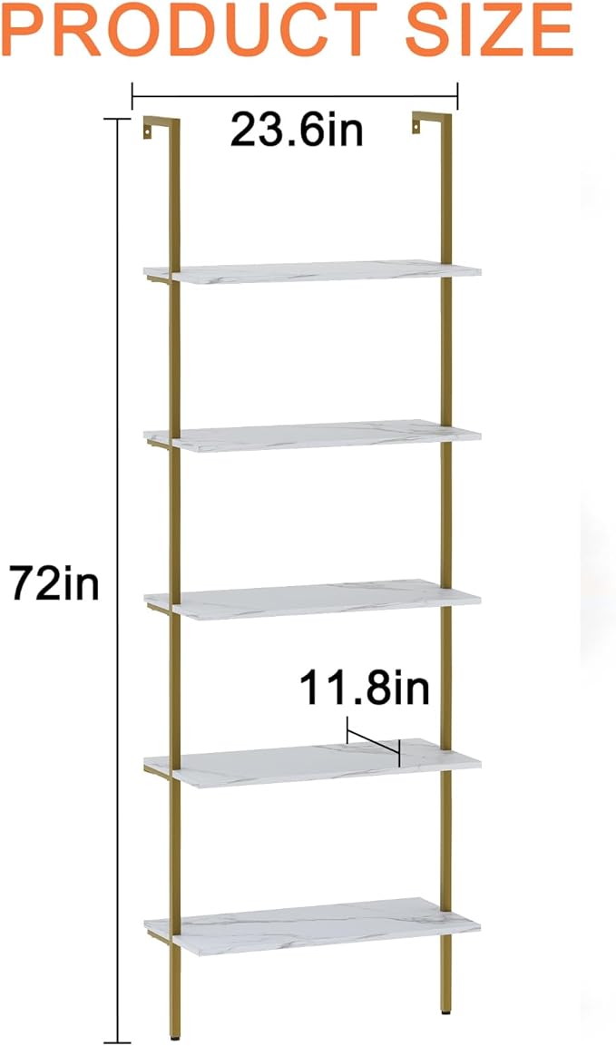 Wolawu 5 Tiers Ladder Shelf White Marble Modern Bookshelf Open Tall Wall Mount Bookcase Standing Leaning Wall Shelves Industrial Decorative
