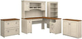 Pemberly Row 5 Pc Office Set, L Shaped Desk w/Hutch, 60W Engineered Wood, Antique White Finish, Bookcase, File Cabinet, Storage Cabinet, Modern Farmhouse Style for Home Office Use