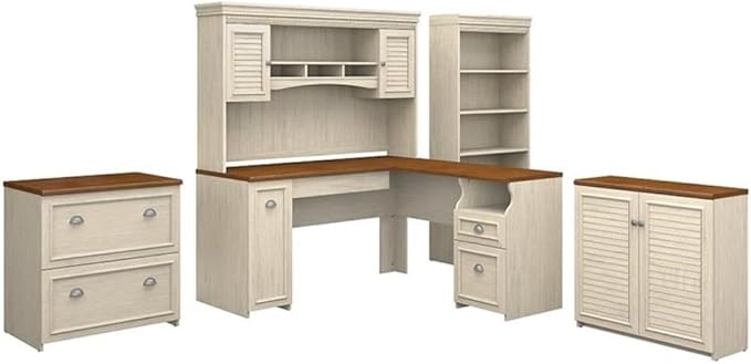 Pemberly Row 5 Pc Office Set, L Shaped Desk w/Hutch, 60W Engineered Wood, Antique White Finish, Bookcase, File Cabinet, Storage Cabinet, Modern Farmhouse Style for Home Office Use