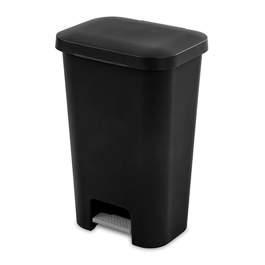 Sterilite 11.9 Gallon Rectangular Step On Kitchen Plastic Indoor Wastebasket with Wide Opening Lid and Comfort Handle for Home, Black (4 Pack)