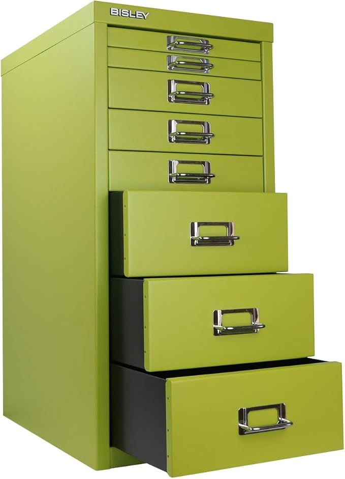 8-Drawer Steel MultiDrawer Cabinet - Bisley Green, Chrome Pull Handles with Label Holders, Powder-Coated Steel, Removable Drawers, Fits Under Most Desks, Labels Included by Bisley