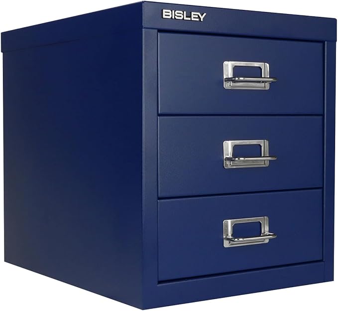 Bisley 3-Drawer Steel MultiDrawer Cabinet - Oxford Blue, Chrome Pull Handles with Label Holders, Powder-Coated Steel, Removable Drawers, Desktop Storage, Labels Included