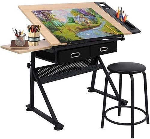 Adjustable Drafting Table Drawing Table, Tilting Tabletop Art Craft Desk w/2 Storage Drawers Stool for Home Office Crafting, Reading, Writing (Natural Wood)