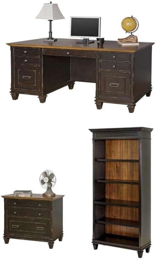 BOWERY HILL Set of 3 Double Pedestal Office Desk and Bookcase and Filing Cabinet