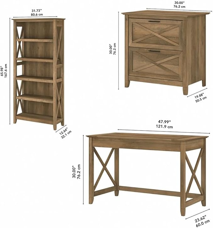 Bush Furniture Key West 48W Writing Desk with 2 Drawer Lateral File Cabinet and 5 Shelf Bookcase in Reclaimed Pine