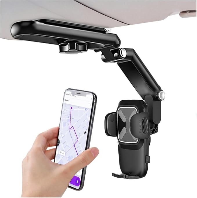 Car Sun Visor Phone Holder, Multifunctional 1080° Rotatable Retractable Vehicle Rearview Cell Phone Mount, Autom Visor Smartphone Holder, Universal for SUV RV Truck (Gray)