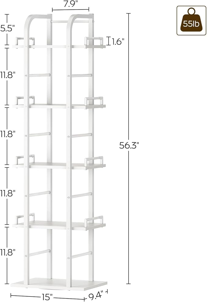 YATINEY 5 Tier Rotating Bookshelf, Freestanding Corner Bookshelf, 360 Spinning Bookcase Tower, Tall Industrial Style Organizer, Storage Shelf Bookcase for Living Room, Study, White SJ02WW