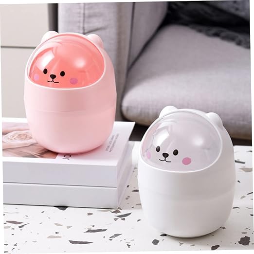 Cute Bear Mini Desktop Trash Can Lid Slim Plastic Trash Bin for Home Office Cartoon Garbage Container for Bedroom and Desk