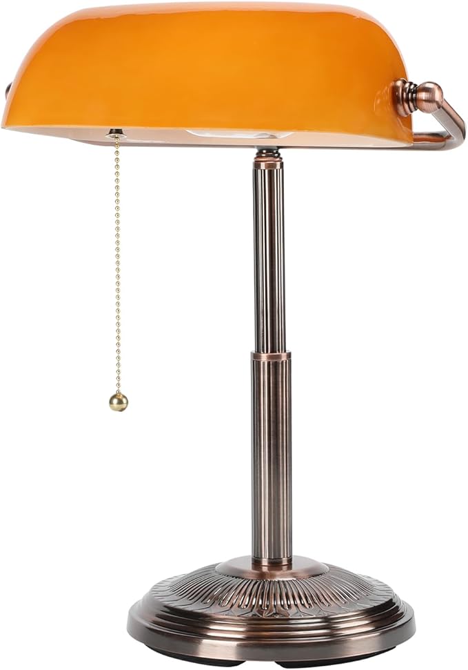 LINNMON Bankers Desk Lamp, Amber Retro Lamp, Vintage Lamp with Pull Chain Switch for Home Office (Copper+Amber)