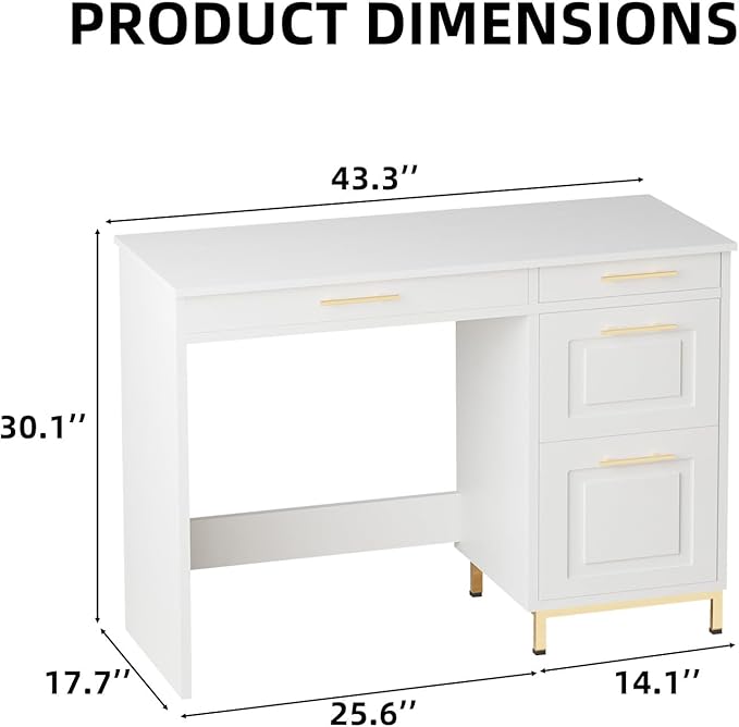 4 EVER WINNER White Desk with Drawers, 44 Inch Computer Desk with Storage and Golden Handle, Writing Desk Sturdy Table for Home Office, White and Gold Desk