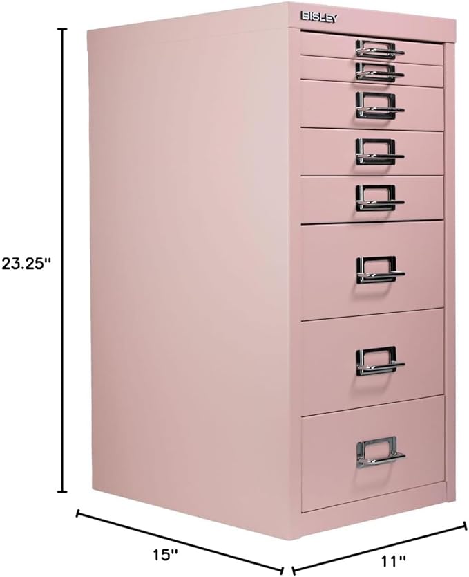 Bisley 8-Drawer Steel MultiDrawer Cabinet - Palest Pink, Chrome Pull Handles with Label Holders, Powder-Coated Steel, Removable Drawers, Fits Under Most Desks, Labels Included