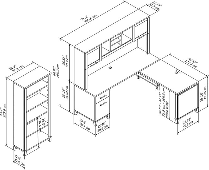 Pemberly Row 72W Sit to Stand L Shaped Desk with Hutch & Bookcase, 3 Adjustable Height Positions, Frosted Glass Doors, 5 Shelf Bookcase, Ergonomic Office Set for Workspace Organization