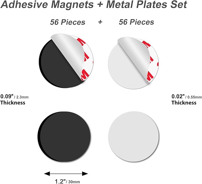 Towjug Flexible Adhesive Magnets and Round Metal Plates - 56 Sticky Magnetic Dots with Iron Stickers for Crafts, Office Supplies, School Projects & Home Storage