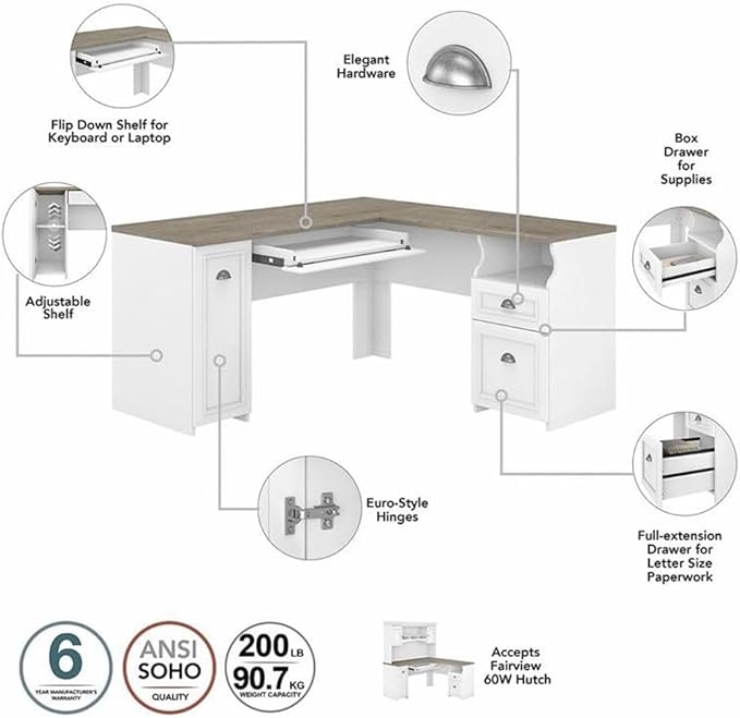 Pemberly Row L Shaped Desk 6 Pc Office Set, Pure White and Gray Finish, Engineered Wood, Includes Hutch, Bookcase, Filing Cabinets, Storage Cabinets, 60W Work Surface, Modern Farmhouse Home Office