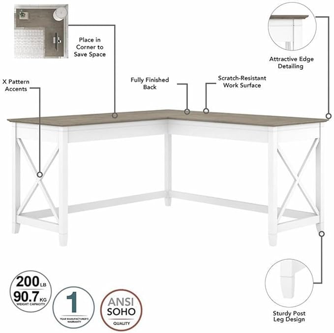 Bush Furniture L Shaped Desk with Lateral File Cabinet | Key West Collection Corner Computer Table with Storage for Home Office with Filing Unit | 60Wx60Dx30H