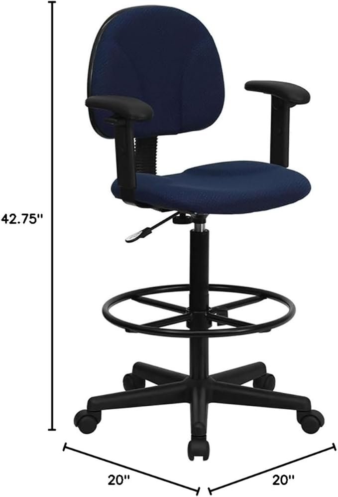 Flash Furniture Navy Blue Patterned Fabric Ergonomic Drafting Stool with Arms