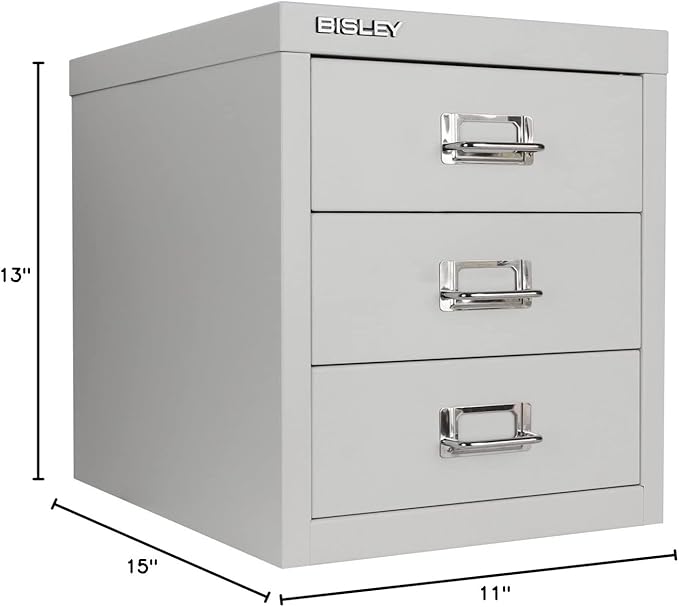 Bisley 3-Drawer Steel MultiDrawer Cabinet - Light Grey, Chrome Pull Handles with Label Holders, Powder-Coated Steel, Removable Drawers, Desktop Storage, Labels Included