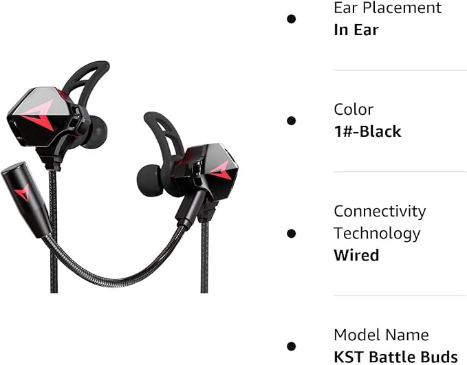 KASOTT Battle Buds Pro in-Ear Gaming Headset with Dual Microphone, Mute and Volume Control, Wired Earphones for Mobile Gaming, Nintendo Switch, Xbox One, PS, PC (Black)