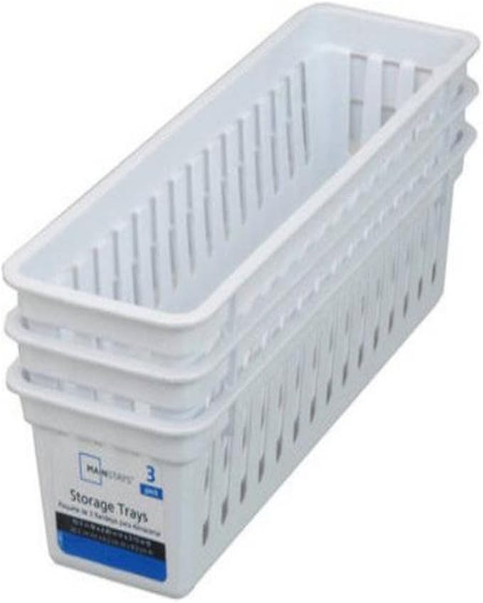 Slim Plastic Storage Trays Baskets in White- Set of 3