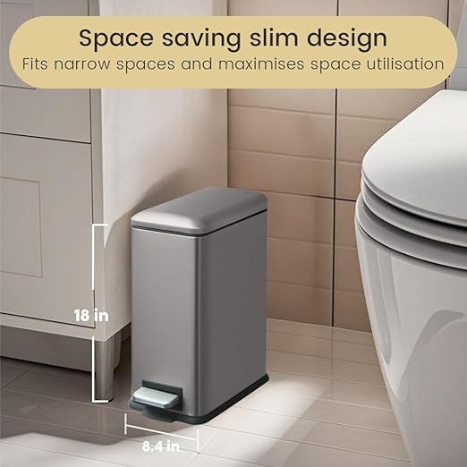Bathroom Trash Can with Lid, 16.7L/ 4.4 Gallon Rectangular Slim Trash Can with Removable Inner Bucket, Soft Close lid, Stainless Steel Step Pedal Garbage Can for Bathroom, Kitchen, Home Office, Grey