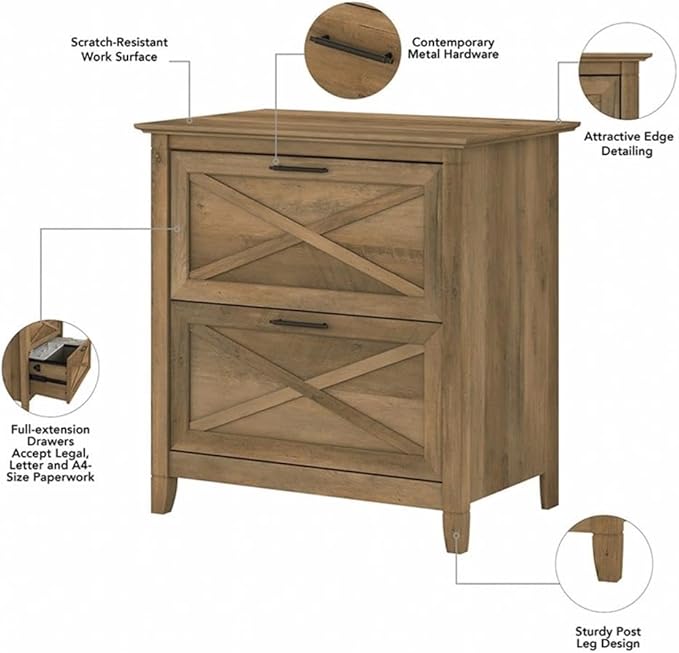 Bush Furniture Key West 48W Writing Desk with 2 Drawer Lateral File Cabinet and 5 Shelf Bookcase in Reclaimed Pine