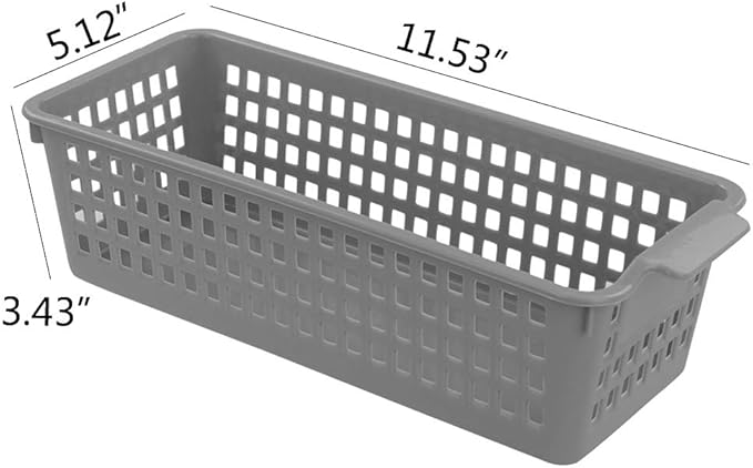 Long Plastic Basket Trays, Slim Pencil Organizer Grey, 6-Pack