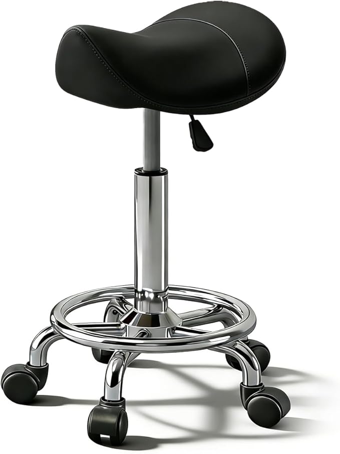 Saddle Stool, Adjustable Height Ergonomic Swivel Chair with Wheels, PU Leather Saddle Seat with Ring Pedal for Salon, Massage, Clinic, Lab, and Office