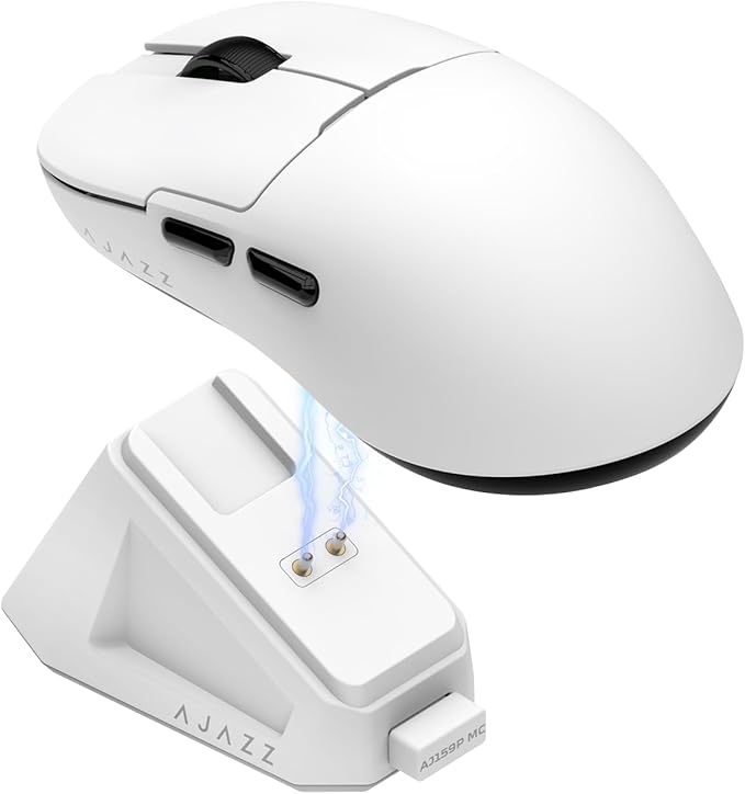 AJ159P MC Wireless Gaming Mouse, 12000 DPI, Tri-Mode 2.4G/Bluetooth/Wired, Magnetic RGB Charging Dock, 56g Ultra-Light, Programmable 6 Buttons - Perfect for Gaming, Work & Travel (White)