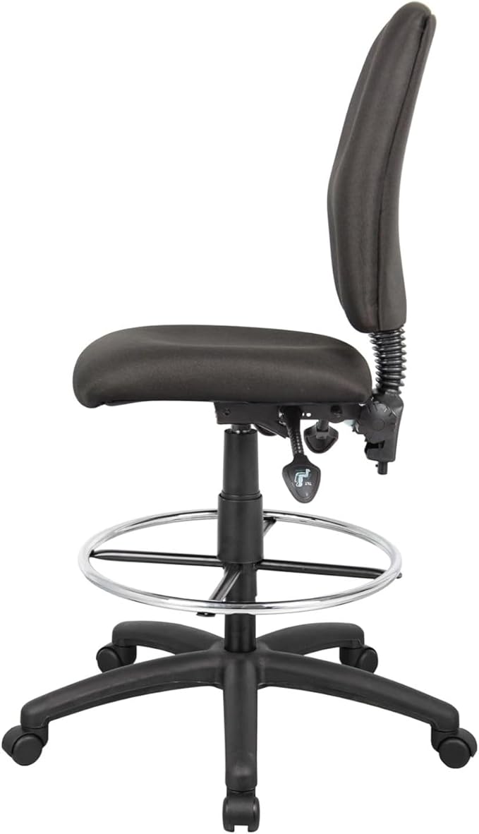 Black Fabric Drafting Stool Adjustable Height Swivel Pneumatic Gas Lift Chrome Footring Nylon Base Rolling Casters High Back Seat Compact Studio Task Seating Professional Workspace Stool