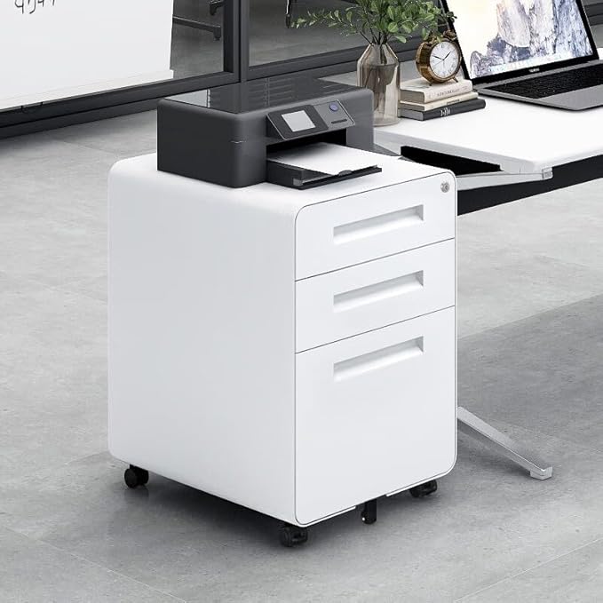 Garvee 3 Drawer File Cabinet with Lock, Under Desk Mobile Metal Filing Cabinet for Home Office, 5 Wheel Anti-Tilt Rolling File Cabinets for A4/Letter/Legal Size, Fully Assembled